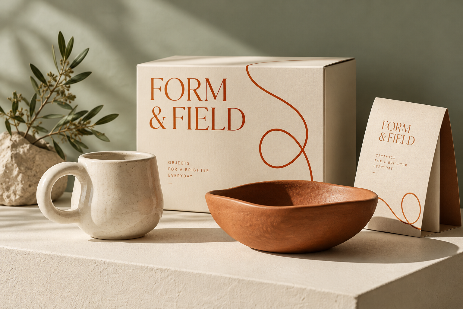 Original Form and Field ceramics concept, with an ivory mug, terracotta bowl and beautifully lettered packaging.