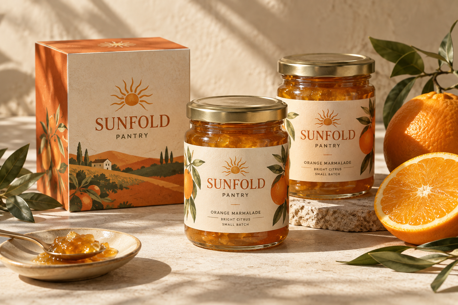 Original Sunfold Pantry concept packaging, with orange marmalade jars and an illustrated ivory carton in warm sunlight.